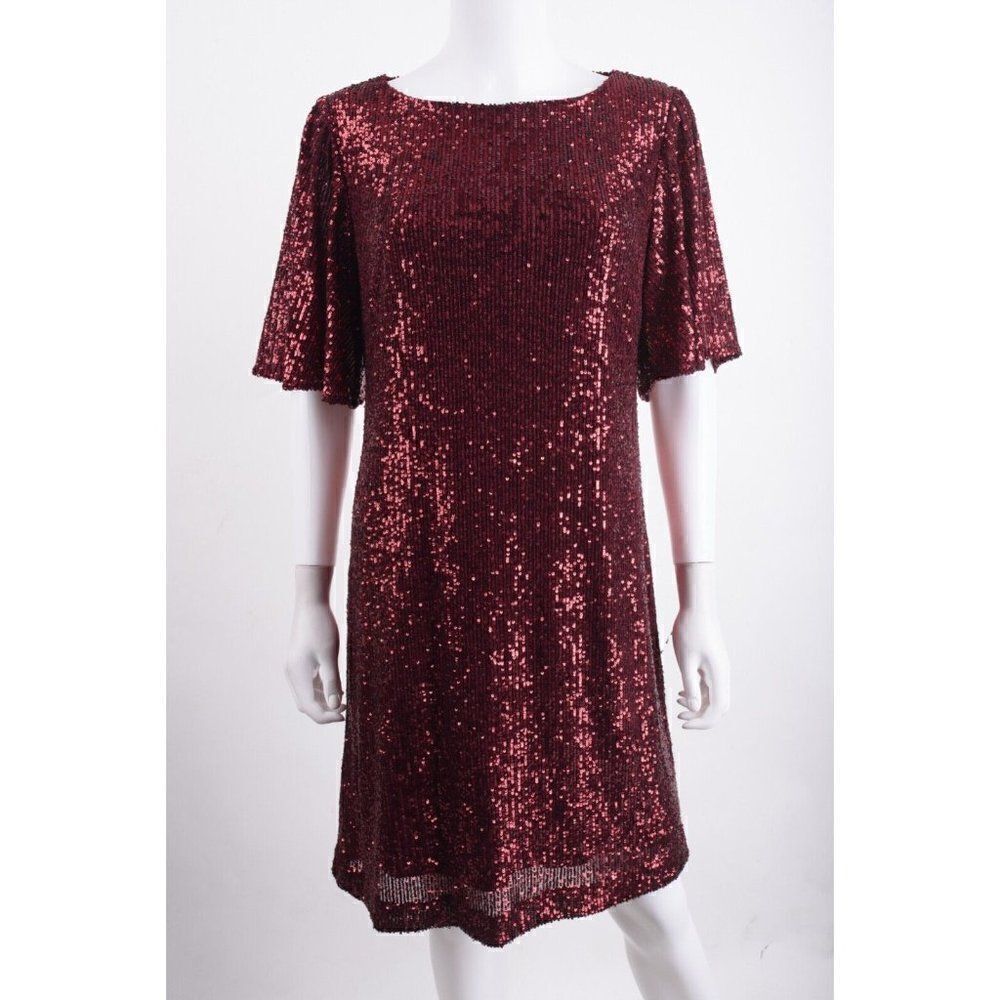 Forest Lily Womens Red Sequin Shift Dress M Medium Short Sleeved Party NWT
